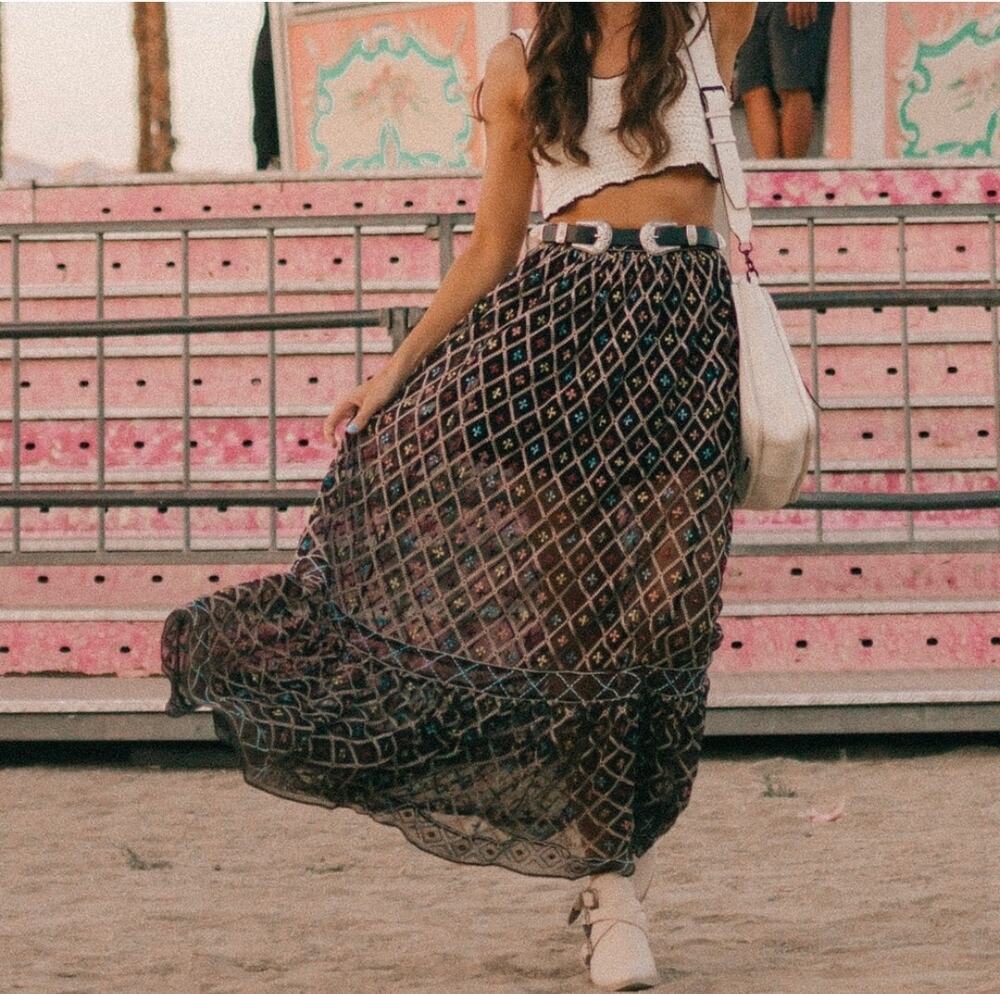 Tularosa Lexi Beaded Maxi Skirt NWT S High Rise Festival Rodeo Boho Western Chic